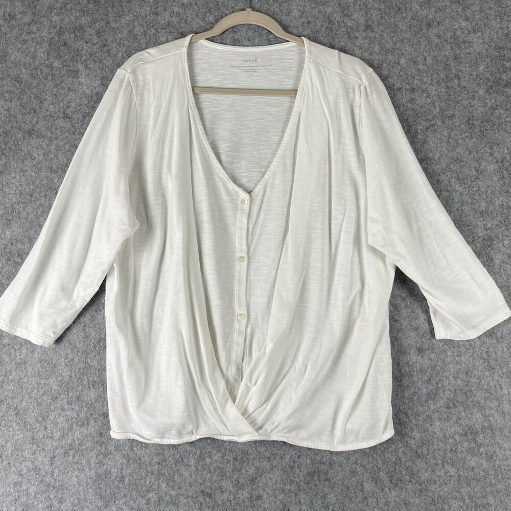 Pure J Jill Top Womens XL White Cotton Modal Cross-Front Button V Neck Coastal